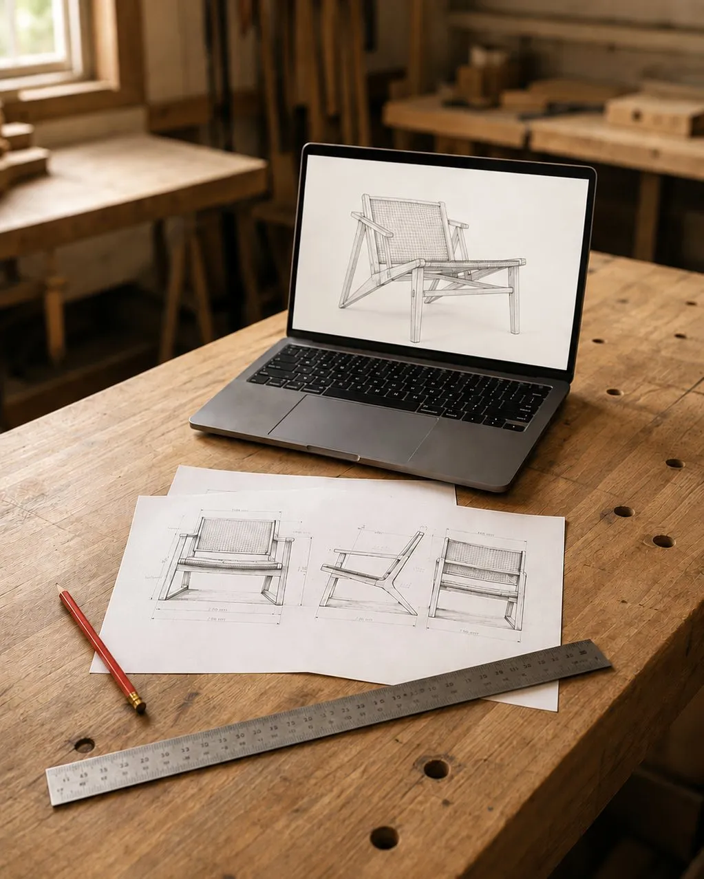 Design sketches and drawings of a lounge chair on the workbench in the Crafta workshop