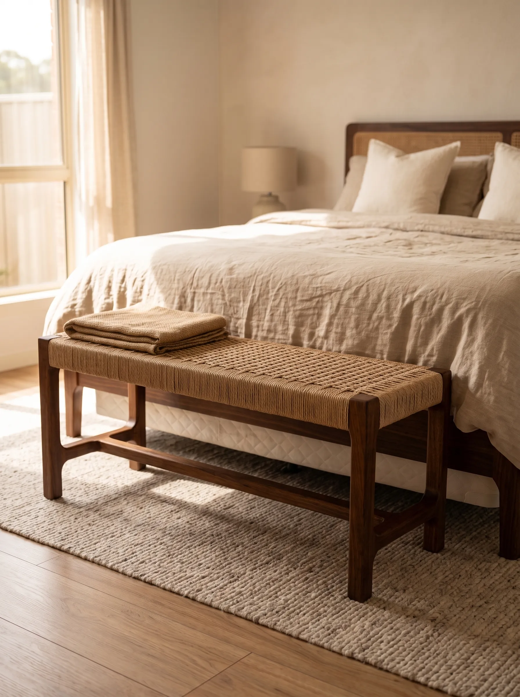 Crafta Silvertop Bench with handwoven Danish cord seat at the foot of a bed
