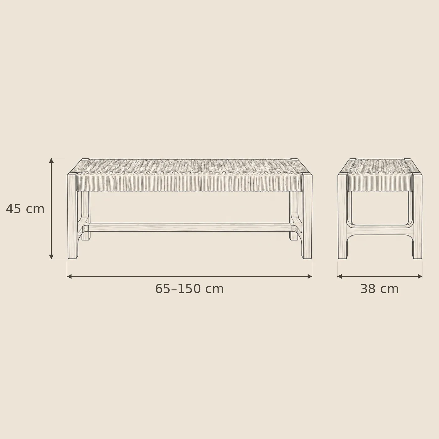 Cordeaux Bench dimensions — 45cm high, 38cm deep, lengths 65 to 150cm