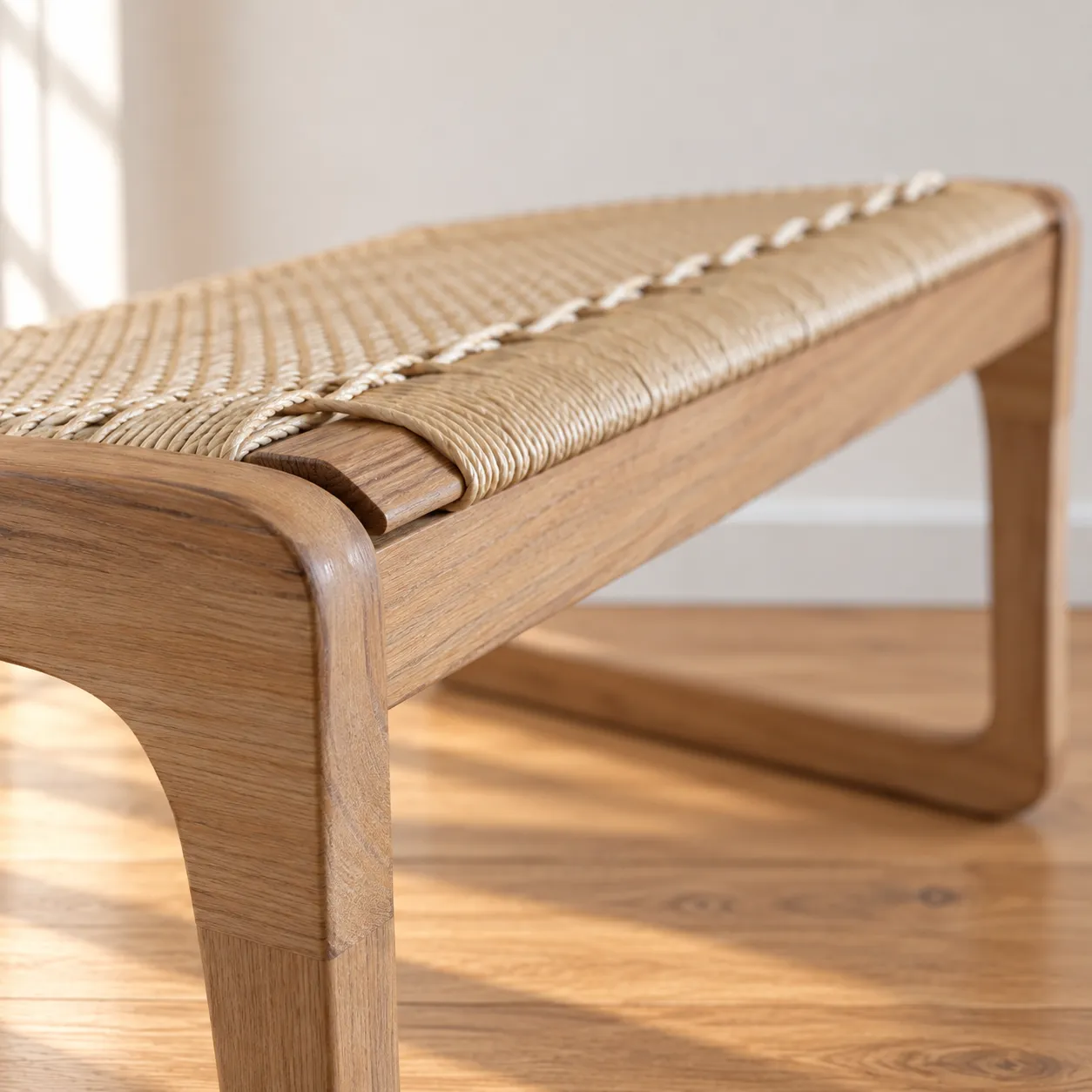 The Drema ottoman corner — woven cord over the curved timber rail