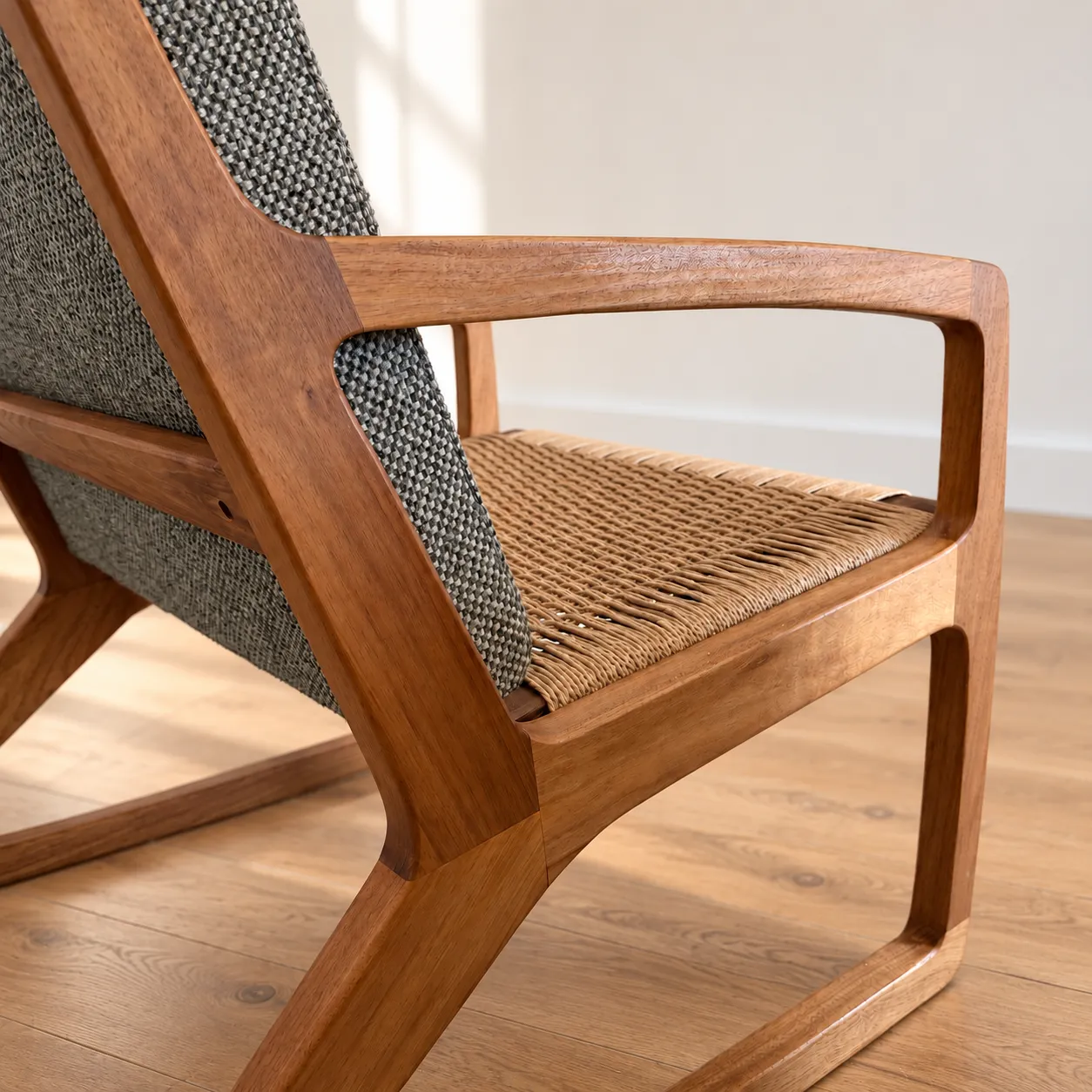 Drema Lounge Chair — the frame and hand-woven cord seat, up close
