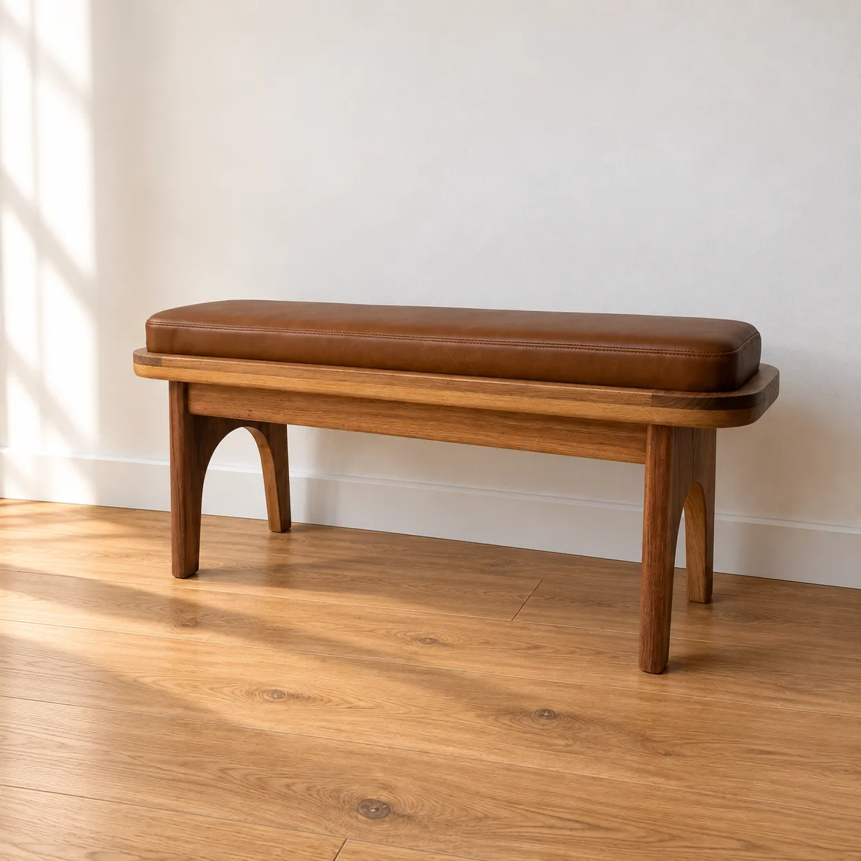 Keira Bench with tan leather cushion