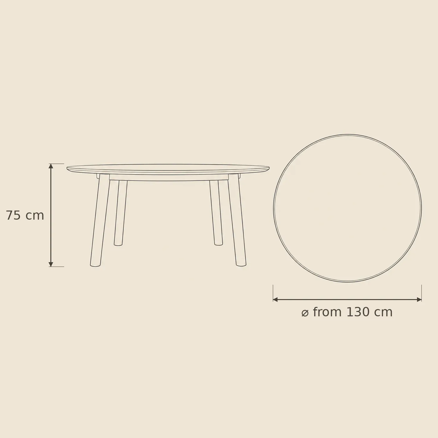 Kolo Table dimensions — 75cm high, from 130cm across