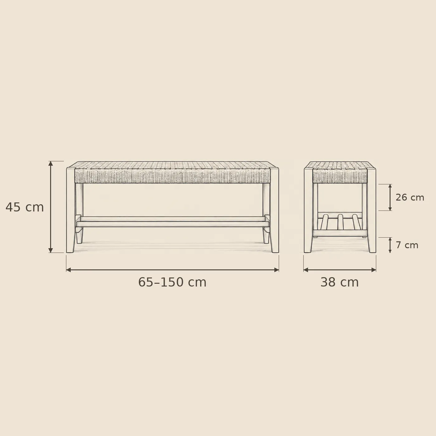 Lavka Bench dimensions — 45cm high, 38cm deep, lengths 65 to 150cm