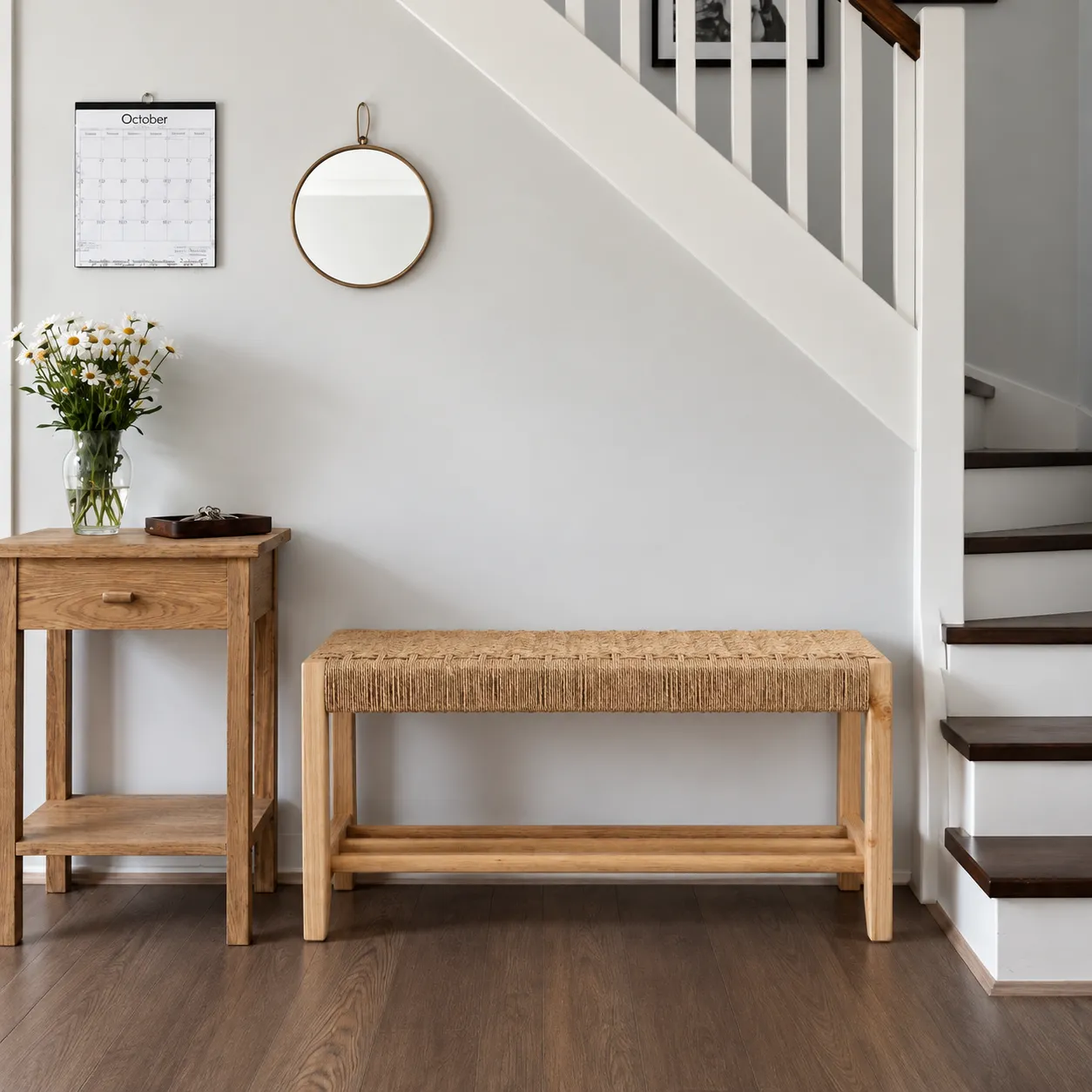 Lavka Bench — woven cord seat with a rail shelf below