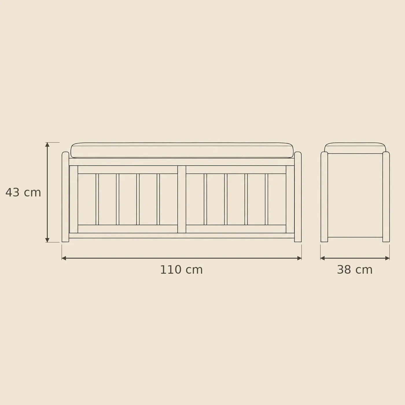 Sunduk Bench example dimensions — 110cm long, 43cm high, 38cm deep