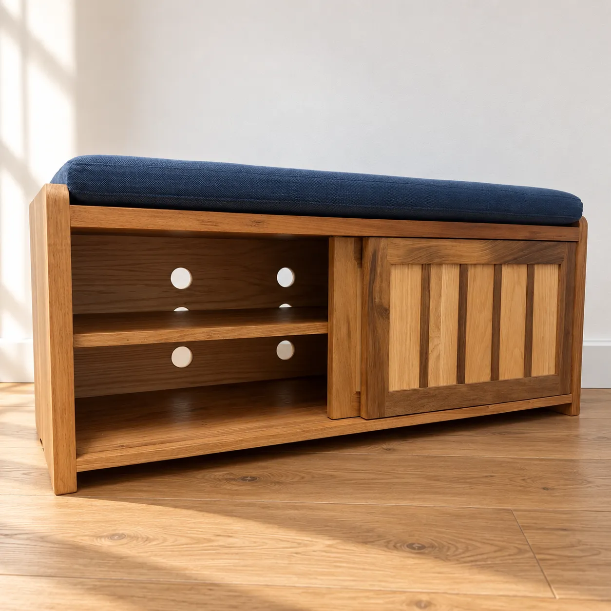Sunduk Bench with a sliding door open, showing the shelf inside