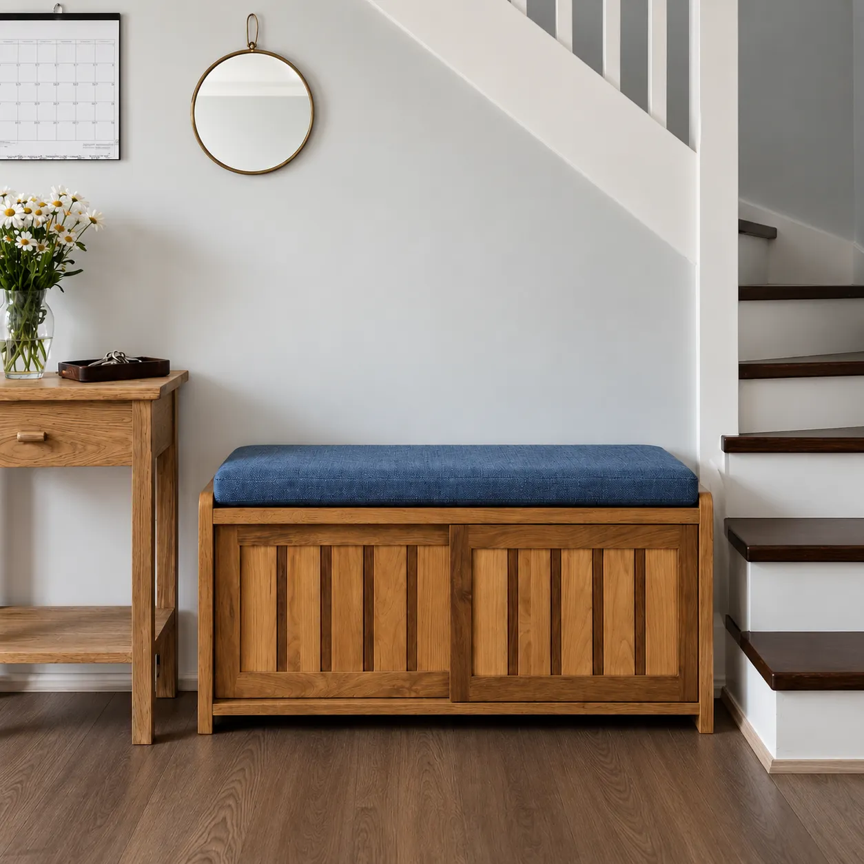 Sunduk Bench in an entry hallway beneath the stairs