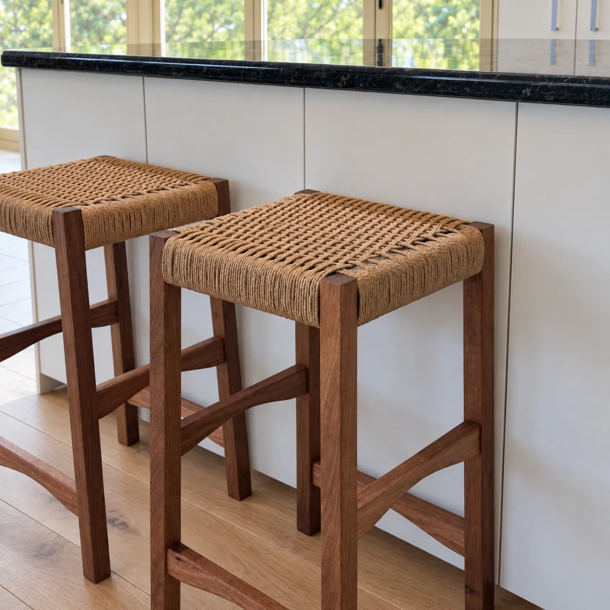 Hand-woven Danish paper cord stools, kitchen island